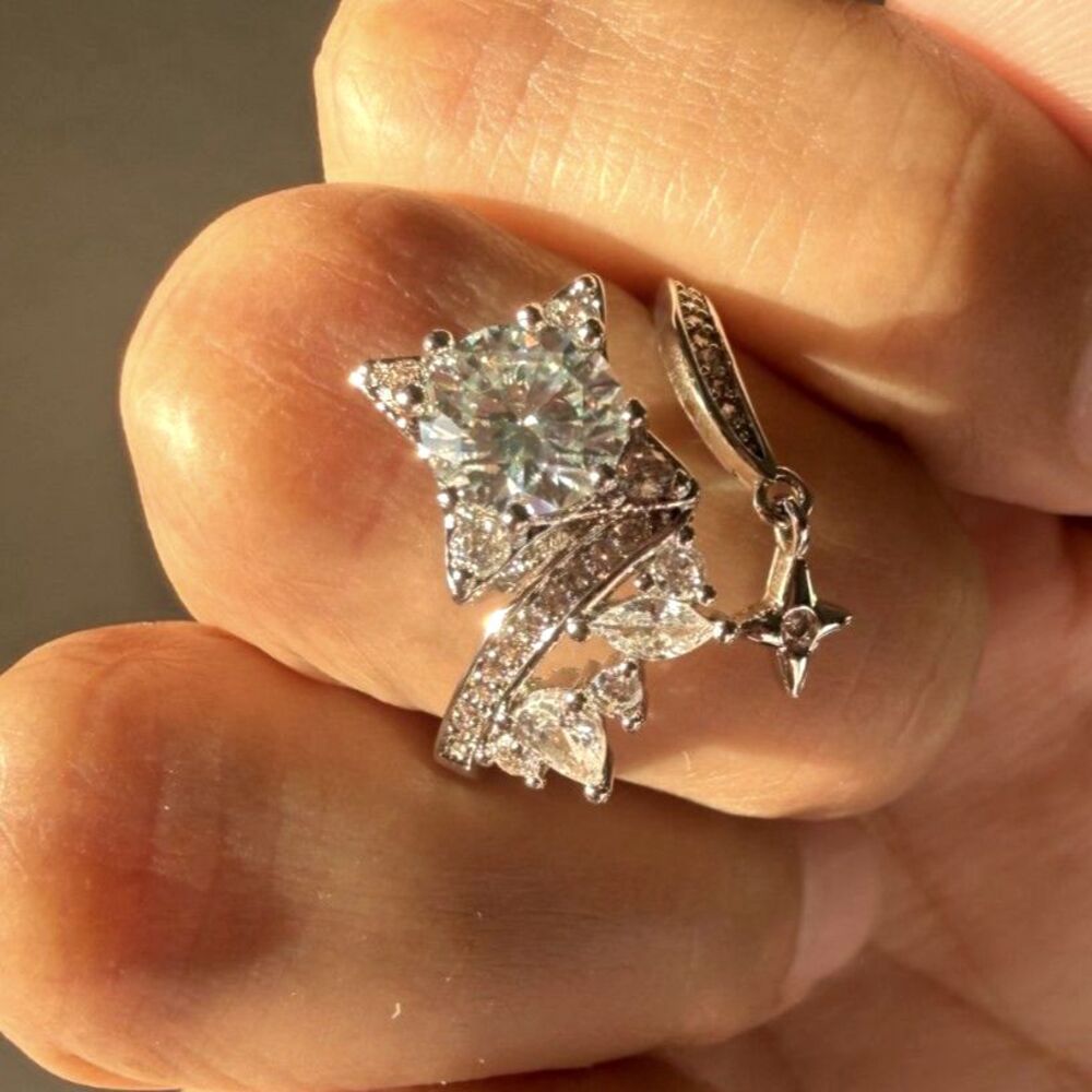 1 CT Moissanite Adjustable Rhodium Plated Floral Star Ring GRA